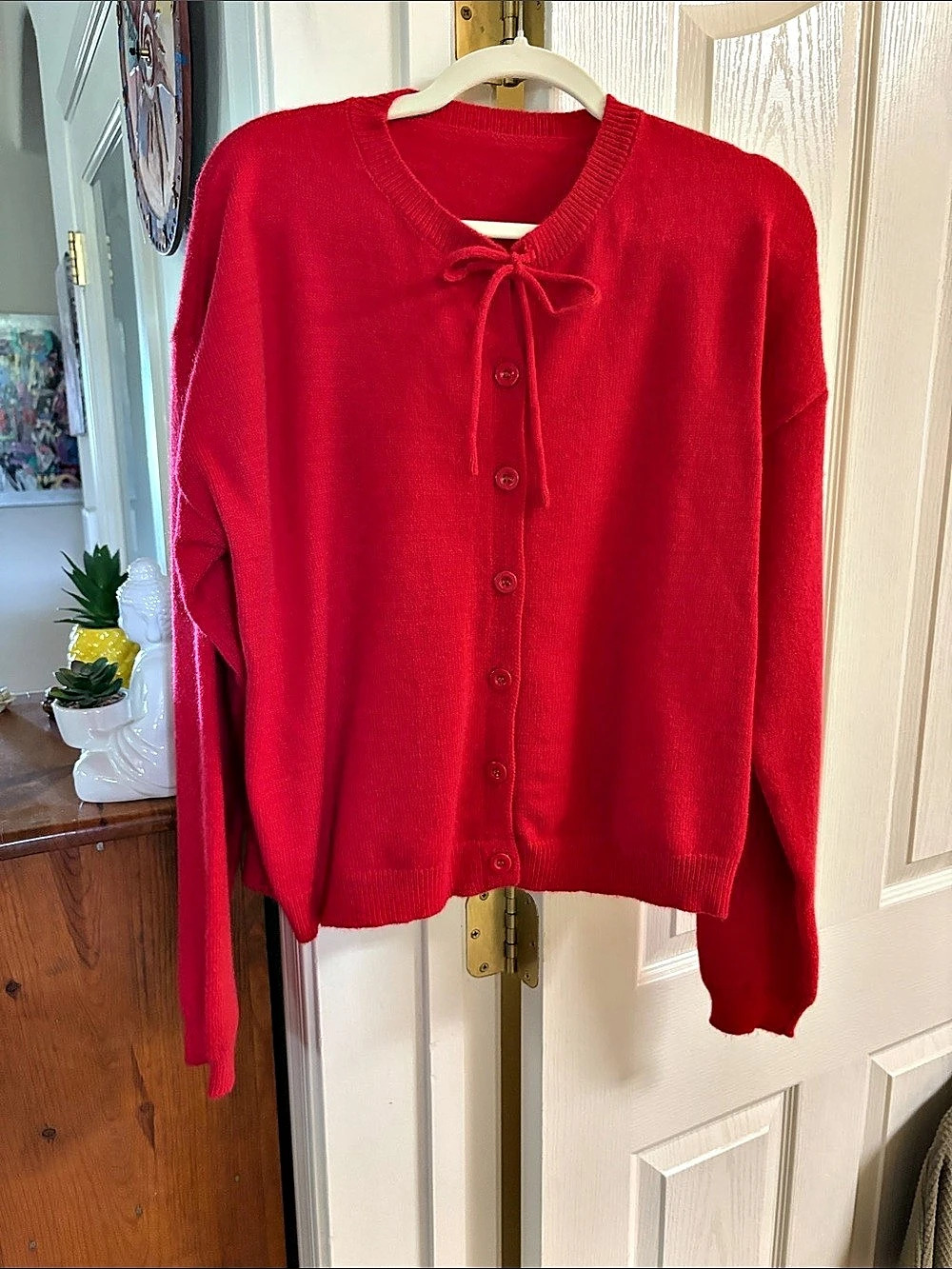 Red Tie Neck Cardigan Like New